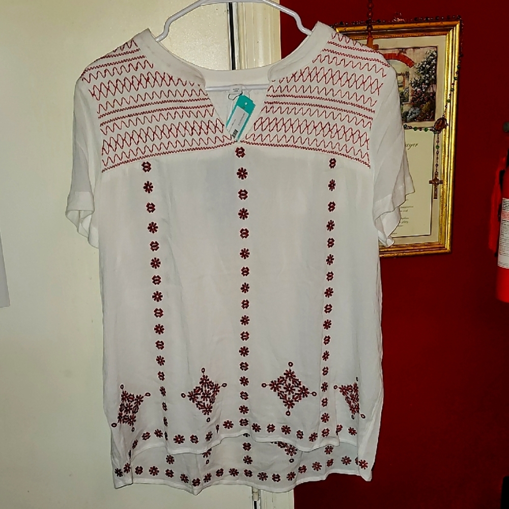 Market & Spruce White and Red Boxy Short Sleeve Blouse, SIZE WOMENS MEDIUM